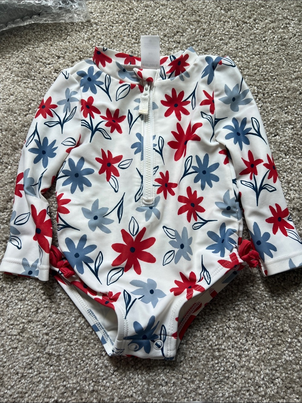 Carter's White Long Sleeve Swimsuit with Red & Navy Floral Print